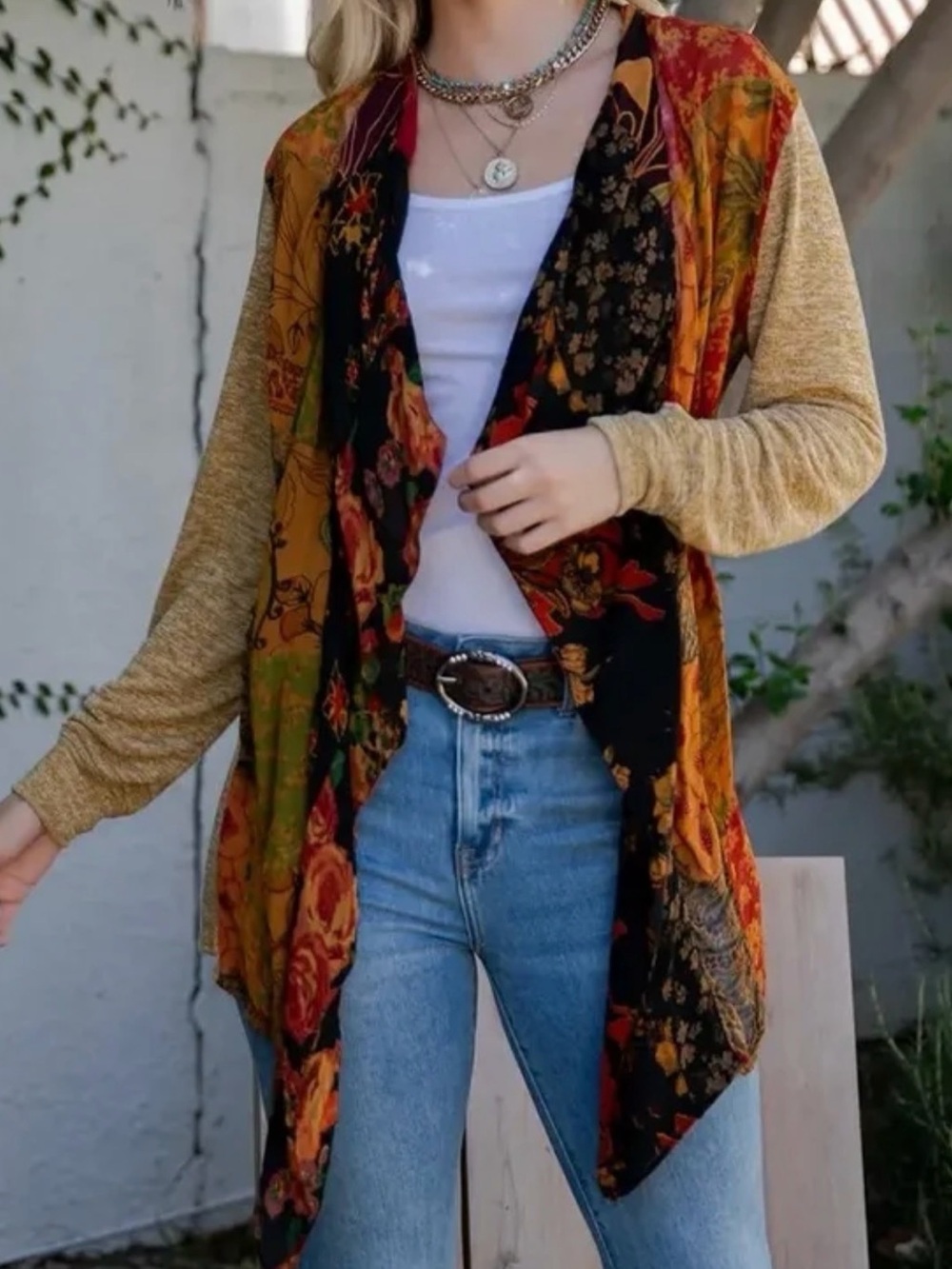 Young Threads Floral Patchwork Open Cardigan Sweater